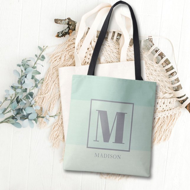 Seafoam Green Color Blocks Custom Monogram Name  Tote Bag (Creator Uploaded)