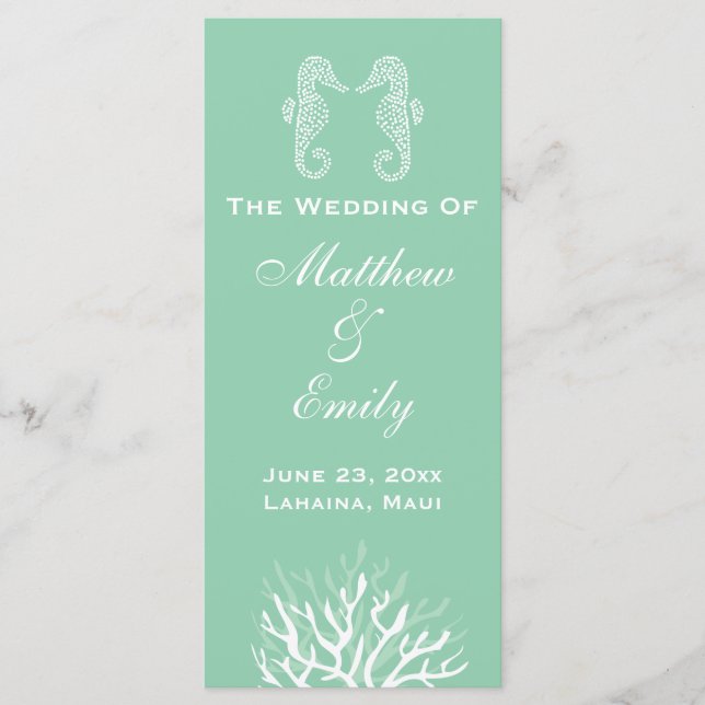 Seafoam Green Coral Reef Seahorse Wedding Program (Front)