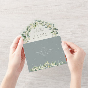 Seafoam Green/Cream Snowberry+Eucalyptus Wedding All In One Invitation