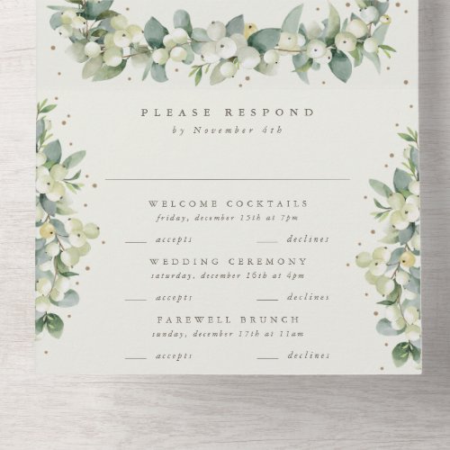Seafoam GreenCream Snowberry  Eucalyptus Wedding All In One Invitation