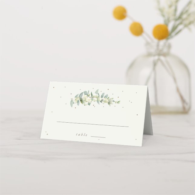 Seafoam Green/Cream Snowberry+Eucalyptus Wedding Place Card (Front)