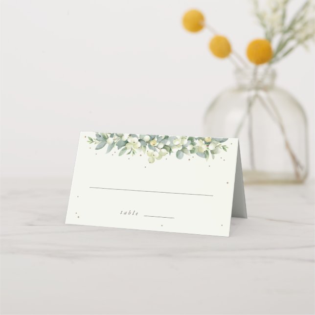 Seafoam Green/Cream Snowberry+Eucalyptus Wedding Place Card (Front)