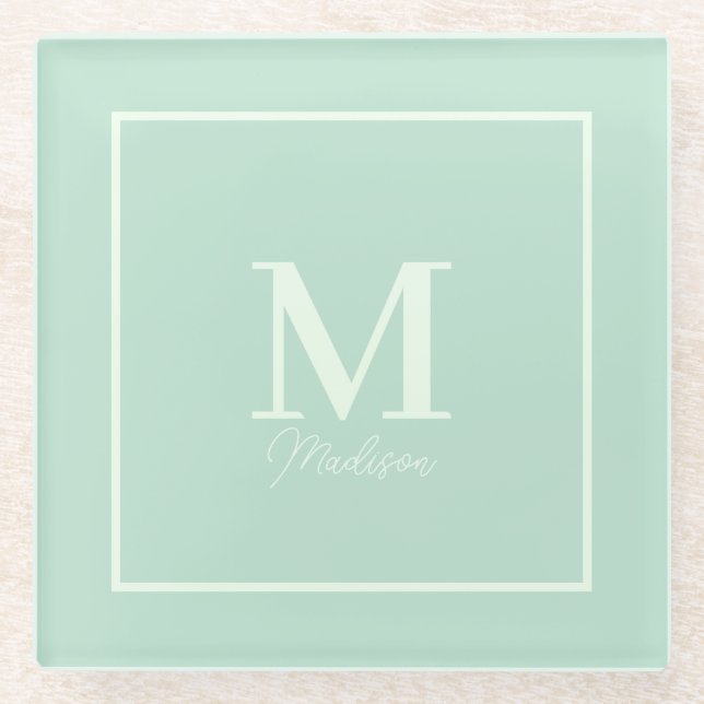Seafoam Green Custom Monogram Name Glass Coaster (Front)
