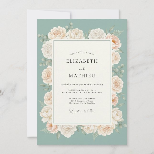 Seafoam Green Floral Romance Wedding Invitation (Front)
