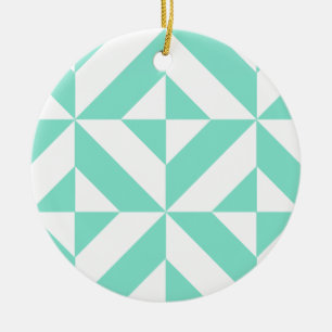 Seafoam Green Geometric Deco Cube Pattern Ceramic Ornament