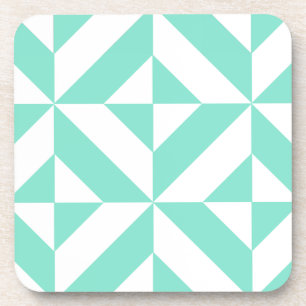 Seafoam Green Geometric Deco Cube Pattern Coaster