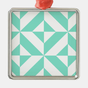Seafoam Green Geometric Deco Cube Pattern Metal Ornament