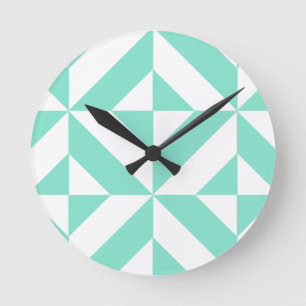 Seafoam Green Geometric Deco Cube Pattern Round Clock