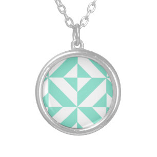 Seafoam Green Geometric Deco Cube Pattern Silver Plated Necklace