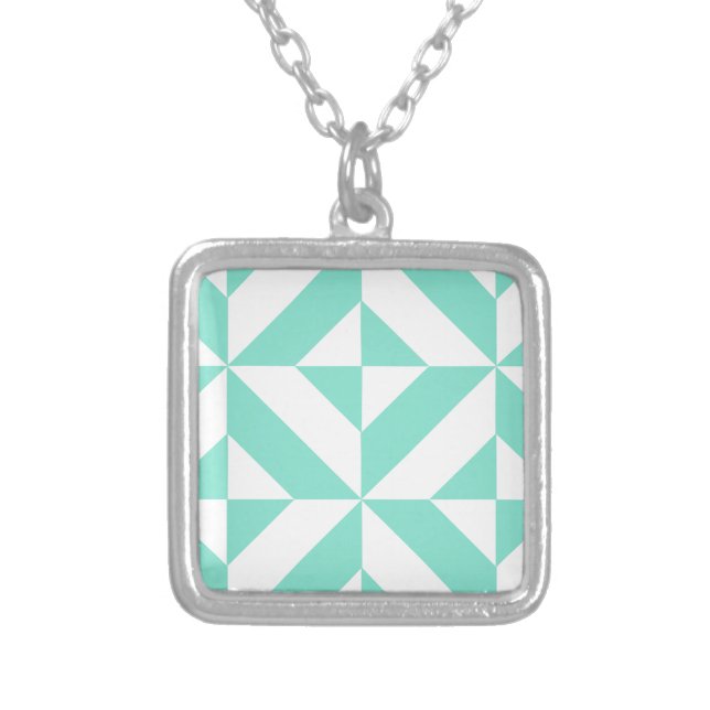 Seafoam Green Geometric Deco Cube Pattern Silver Plated Necklace (Front)