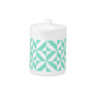 Seafoam Green Geometric Deco Cube Pattern Teapot