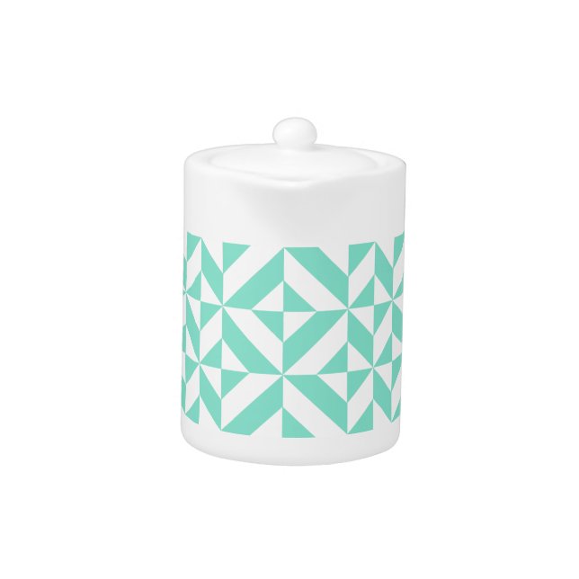 Seafoam Green Geometric Deco Cube Pattern Teapot (Front)