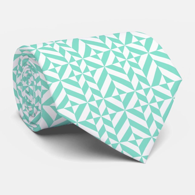 Seafoam Green Geometric Deco Cube Pattern Tie (Rolled)