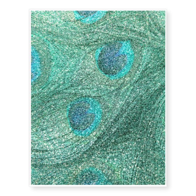 Seafoam green glitter peacock feathers temporary tattoos (Front)