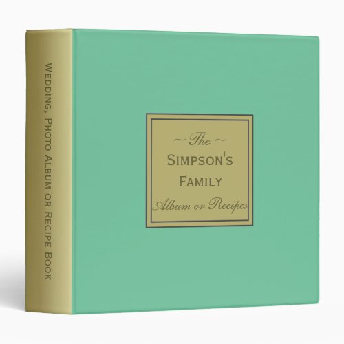 Seafoam Green  Gold Custom Photo Wedding Recipes 3 Ring Binder