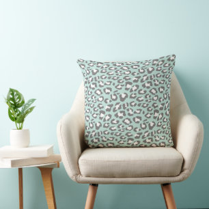 Seafoam Green Gray Leopard Animal Print Throw Pillow