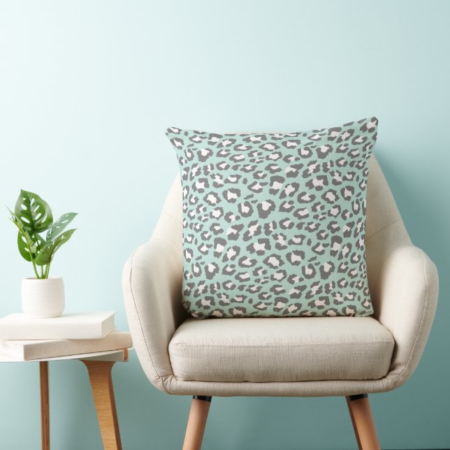 Seafoam Green Gray Leopard Animal Print Throw Pillow (Chair)