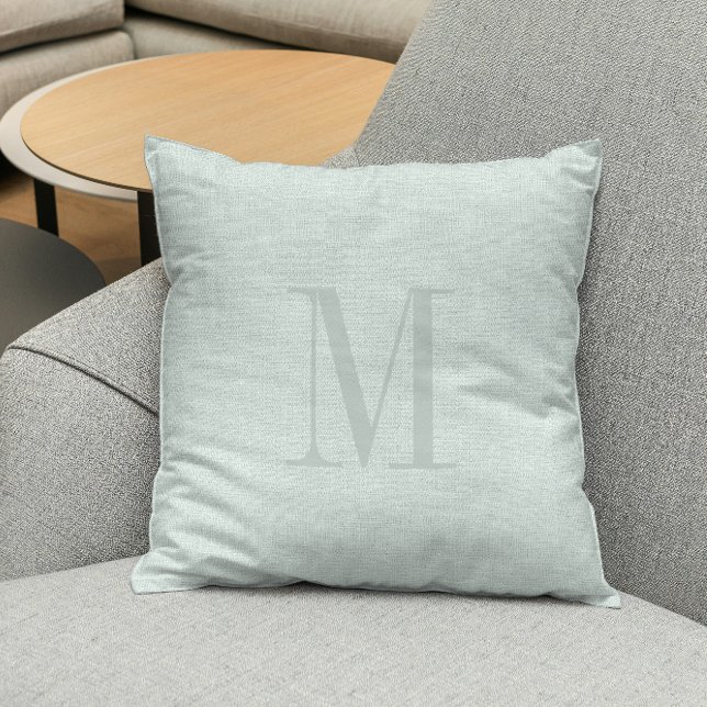 Seafoam green linen texture monogram throw pillow (Creator Uploaded)