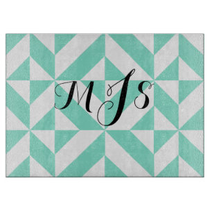 Seafoam Green Monogram Geometric Cube Pattern Cutting Board