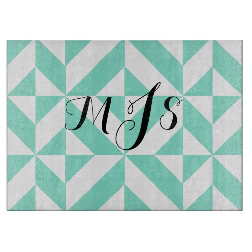 Seafoam Green Monogram Geometric Cube Pattern Cutting Board