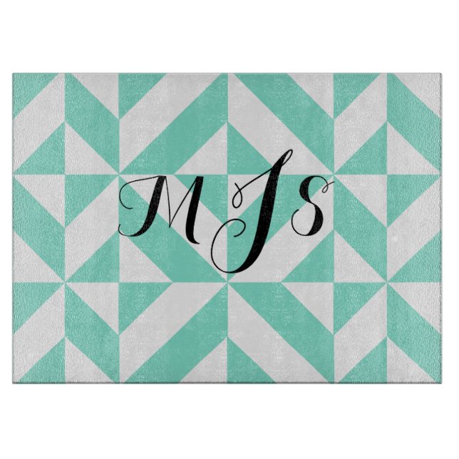 Seafoam Green Monogram Geometric Cube Pattern Cutting Board (Front)