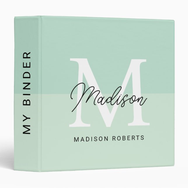 Seafoam Green Monogram Name  3 Ring Binder (Front/Spine)