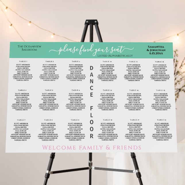 Seafoam Green Pink 18 Table Wedding Seating Chart Foam Board (In Situ (Stand))