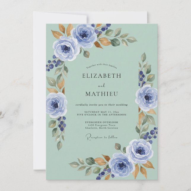 Seafoam Green Polished Floral Wedding Invitation (Front)