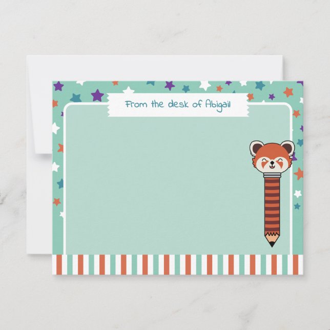 Seafoam Green Red Panda From The Desk of Your Name Note Card (Front)