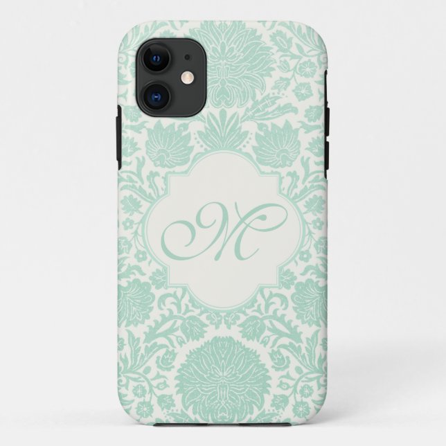 Seafoam Green Retro Floral Damask with Monogram Case-Mate iPhone Case (Back)