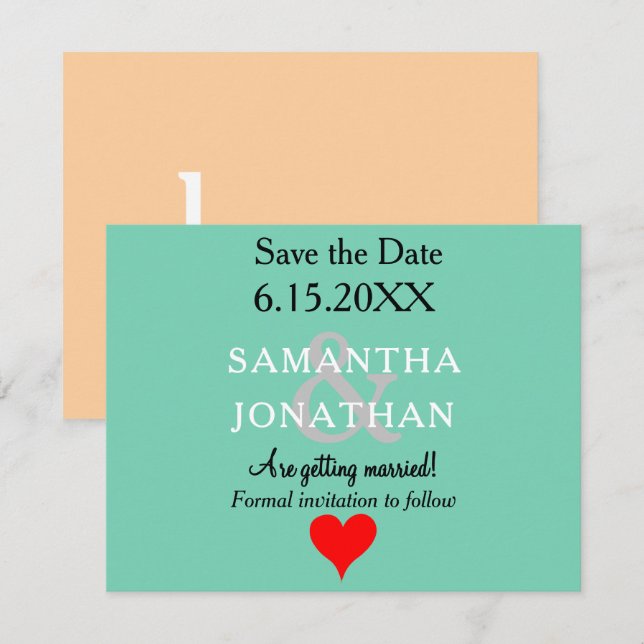 Seafoam Green Sandy Beach Red Heart Wedding Save The Date (Front/Back)