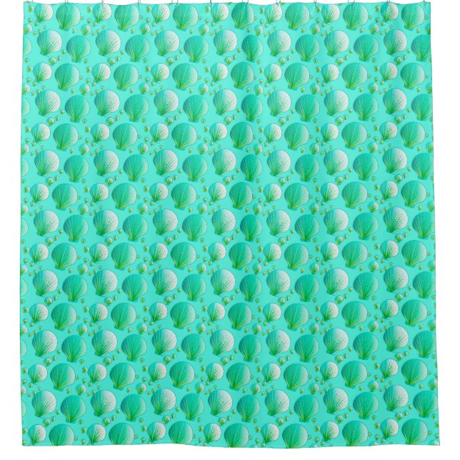 Seafoam green seashells on aqua shower curtain (Front)
