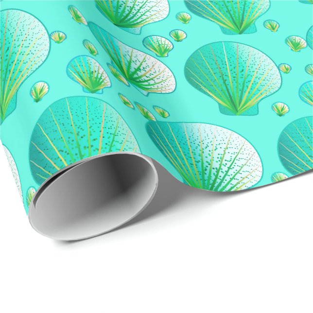 Seafoam green seashells on aqua wrapping paper (Roll Corner)