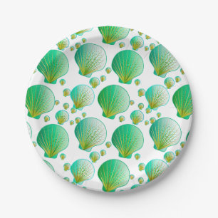 Seafoam green seashells on white paper plates