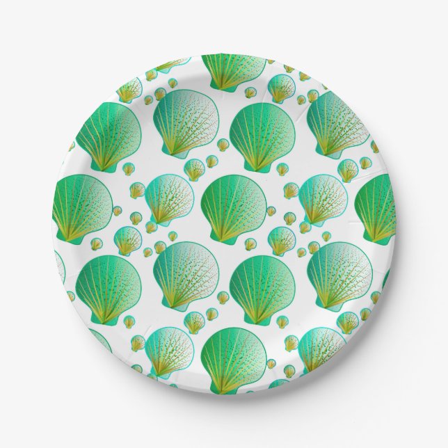 Seafoam green seashells on white paper plates (Front)