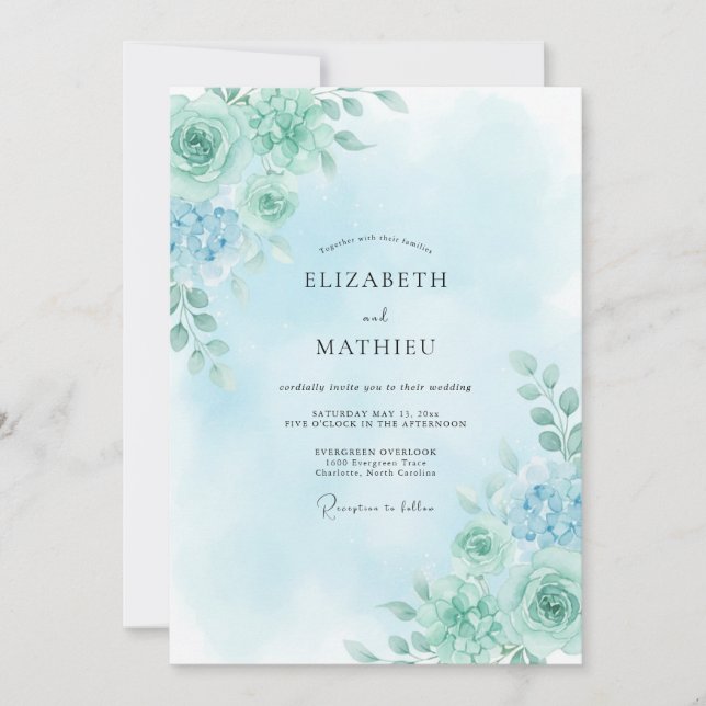 Seafoam Green Serene Rose Wedding Invitation (Front)