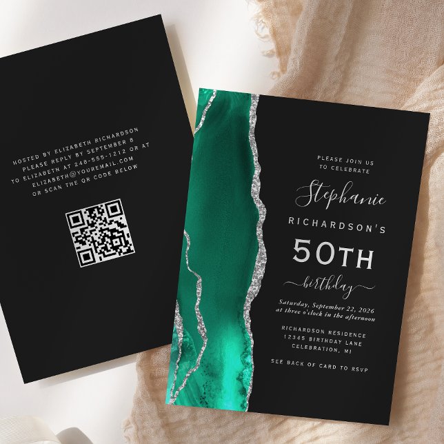 Seafoam Green Silver Agate QR Code 50th Birthday Invitation (Creator Uploaded)