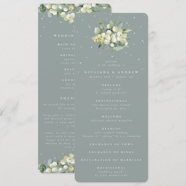Seafoam Green Snowberry+Eucalyptus Bouquet Wedding Program (Front/Back)