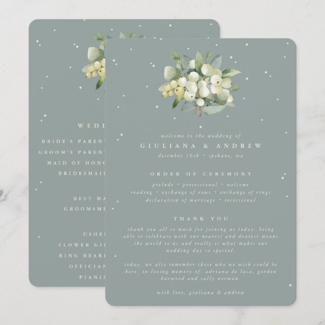 Seafoam Green Snowberry+Eucalyptus Bouquet Wedding Program (Front/Back)