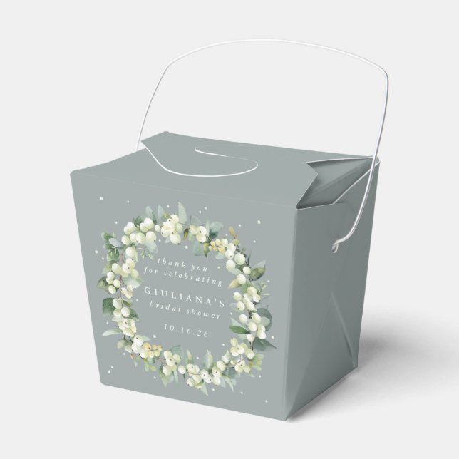 Seafoam Green Snowberry+Eucalyptus Bridal Shower Favor Boxes (Front Side)