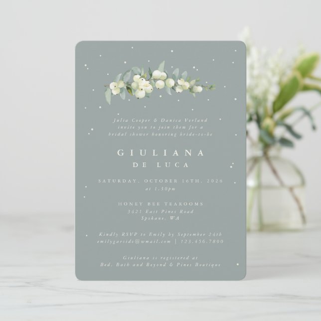 Seafoam Green Snowberry+Eucalyptus Bridal Shower Invitation (Standing Front)