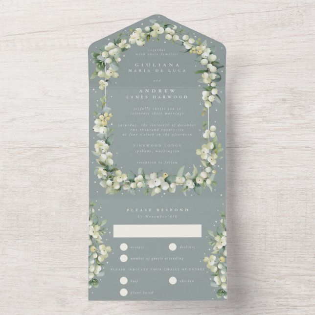 Seafoam Green Snowberry + Eucalyptus Wedding All In One Invitation (Inside)
