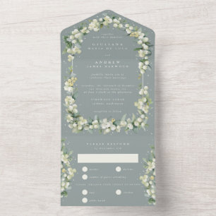 Seafoam Green Snowberry + Eucalyptus Wedding All In One Invitation