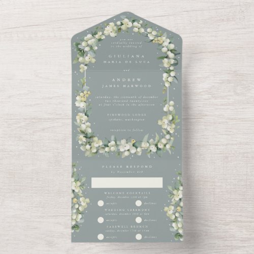 Seafoam Green Snowberry  Eucalyptus Wedding All In One Invitation