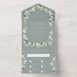 Seafoam Green Snowberry + Eucalyptus Wedding All In One Invitation