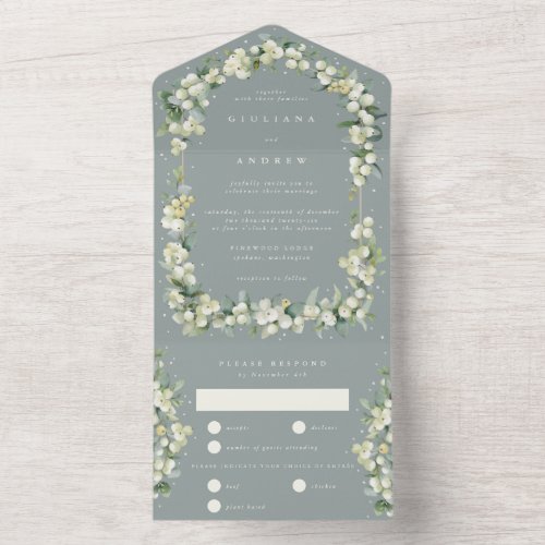 Seafoam Green SnowberryEucalyptus Winter Wedding All In One Invitation