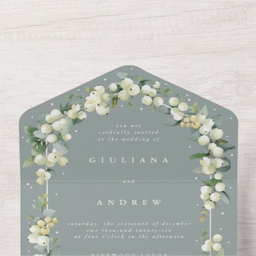 Seafoam Green SnowberryEucalyptus Winter Wedding All In One Invitation