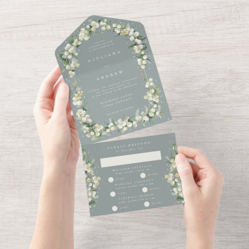 Seafoam Green SnowberryEucalyptus Winter Wedding All In One Invitation