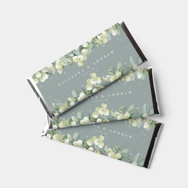 Seafoam Green Snowberry+Eucalyptus Winter Wedding Hershey Bar Favors (Front)
