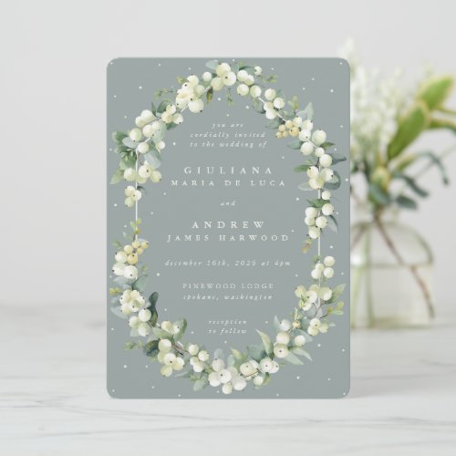 Seafoam Green SnowberryEucalyptus Winter Wedding Invitation